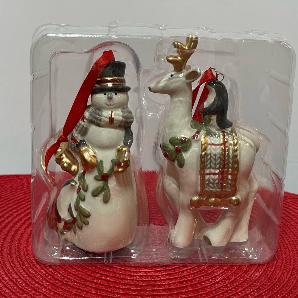 Fitz and Floyd Mistletoe Merriment Snowman Bell & Deer 2020 Dated Ornament NWT